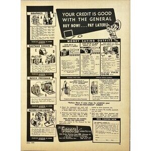 General Camera Co. "Your Credit is Good with the General" Vintage Print Ad 1949
